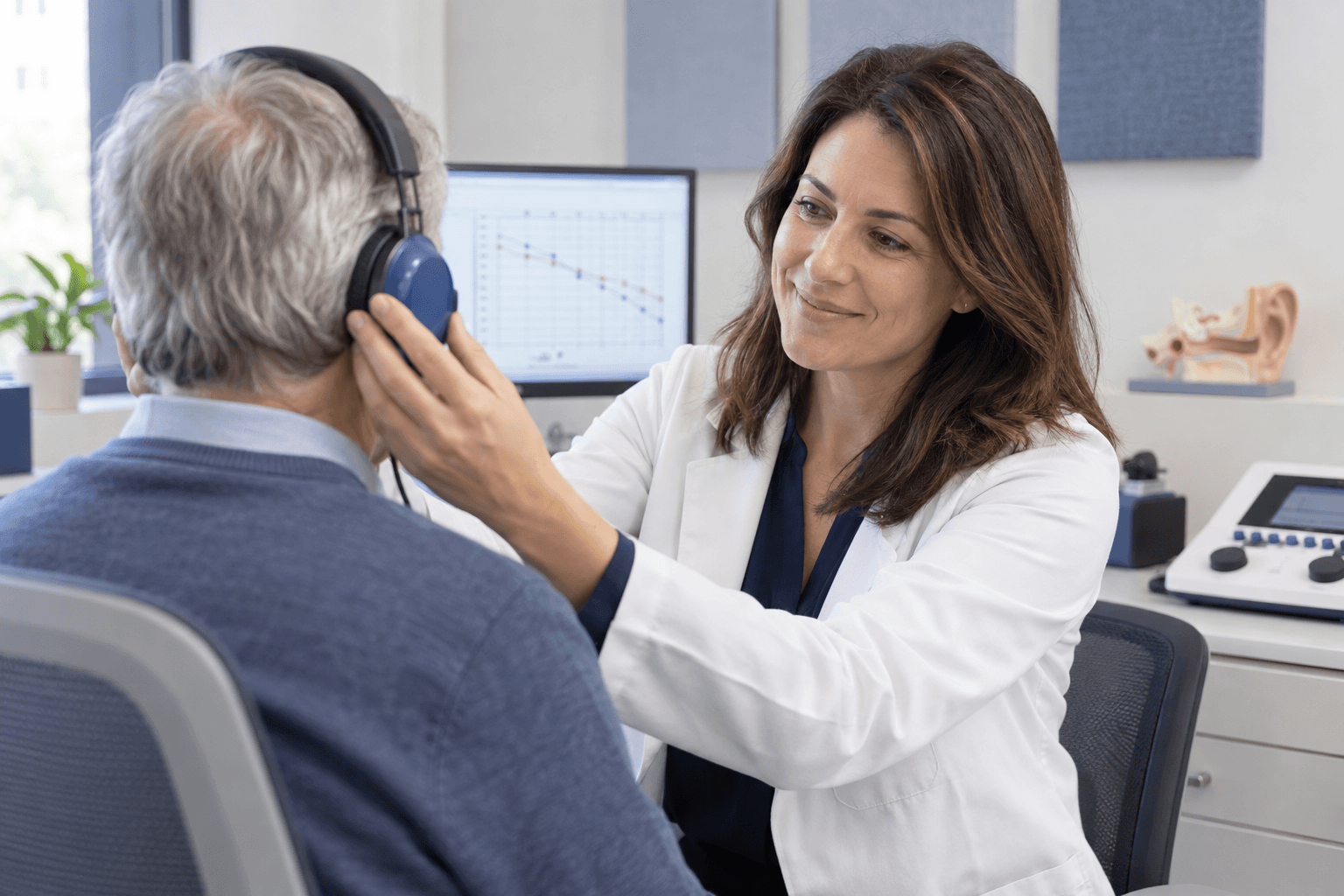 AI-generated illustration of an audiologist adjusting hearing-test headphones in a clinic